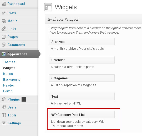 Wordpress Category Post List Widget